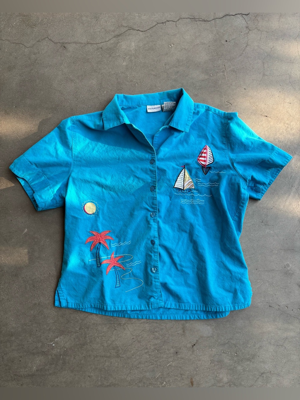 100% Cotton L White Stag Turquoise Shirt Sailboat Palm Tree Sun Embriodery